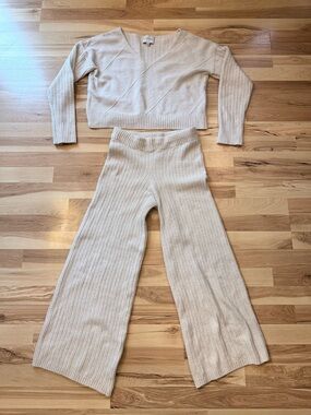 Pink Rose Women’s Small Cream Knit Two Piece Lounge Set Cozy Wide Leg Pants